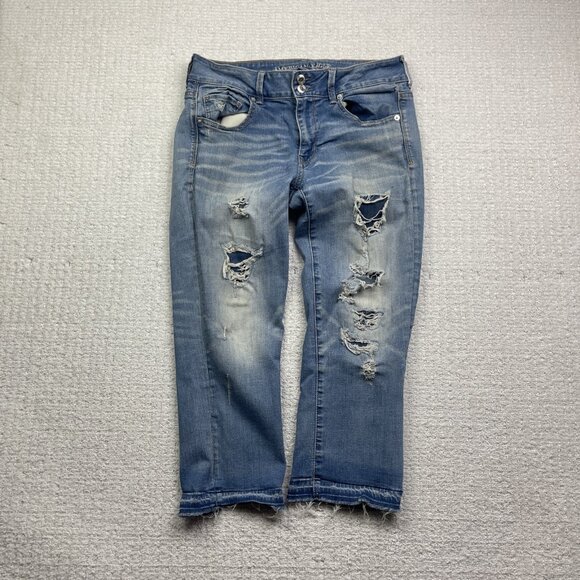 American Eagle Super Stretch Artist Crop Jeans Women’s Sz 12 Distressed Denim - Picture 1 of 13